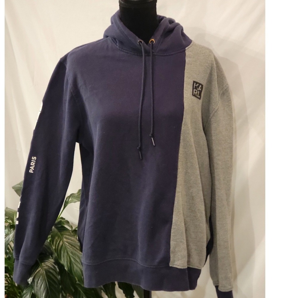 Karl Lagerfeld Paris Mens Colorblock Hoodie Navy Grey Logo Sweatshirt Large
